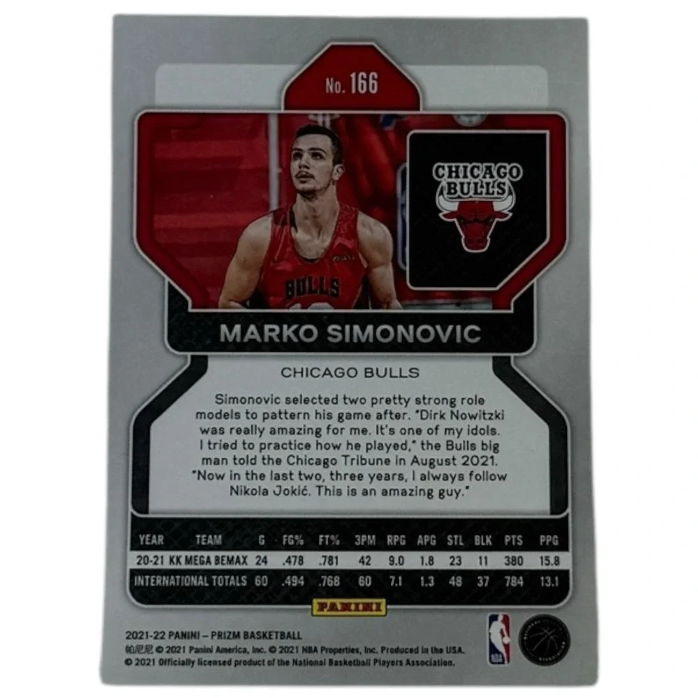 2021-22 Panini Prizm Marko Simonovic Base Rookie‎ RC #166 Chicago Bulls